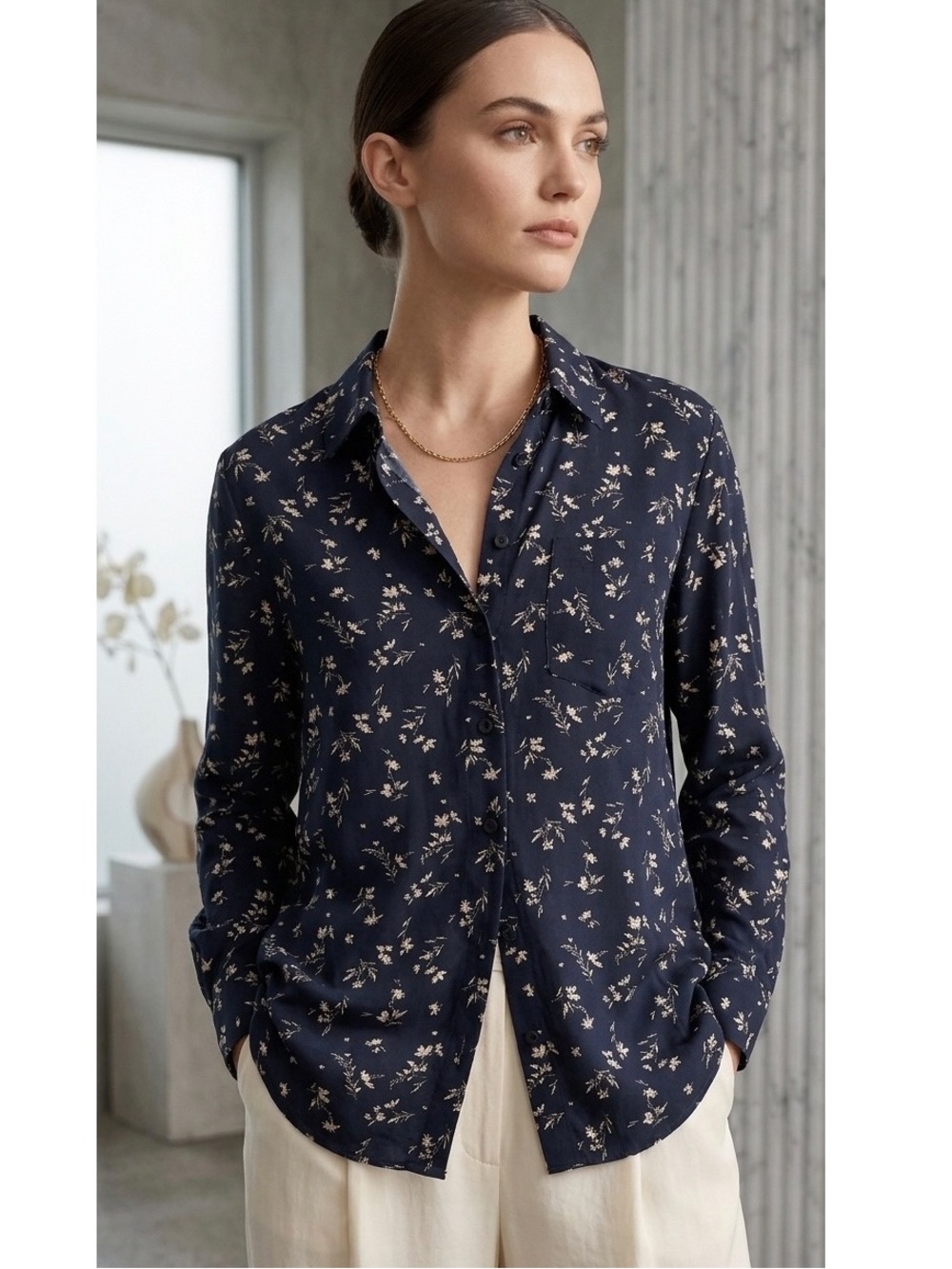 New Beachlunchlounge Alanna Print Button-Up Shirt: Navy White Tuberose: Size M